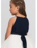 Navy Blue Chiffon Ivory Tulle Long Flower Girl Dress